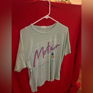 MOTHER Mint Green Tee with Purple Script and Multicolor Accent